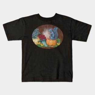 Gray Squirrel on Pumpkin with Fall Flowers Kids T-Shirt